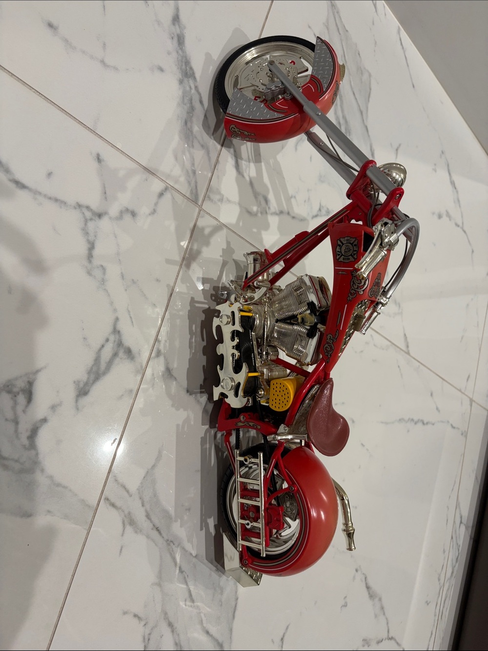 Red Decorative Chopper Motorcycle Sculpture - Home Accent